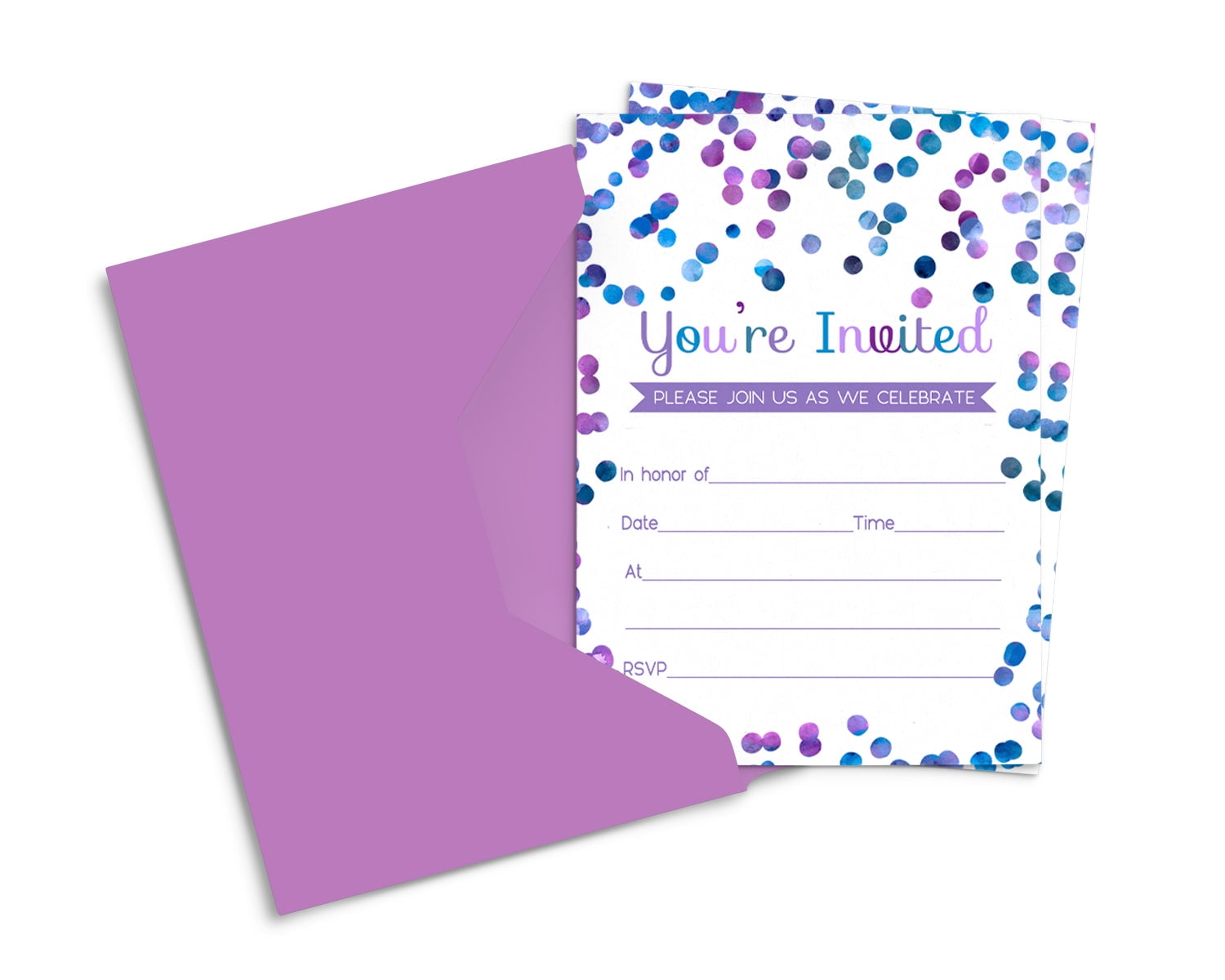 Purple Confetti Invitations and Envelopes 15 Pack Blank Invite Set