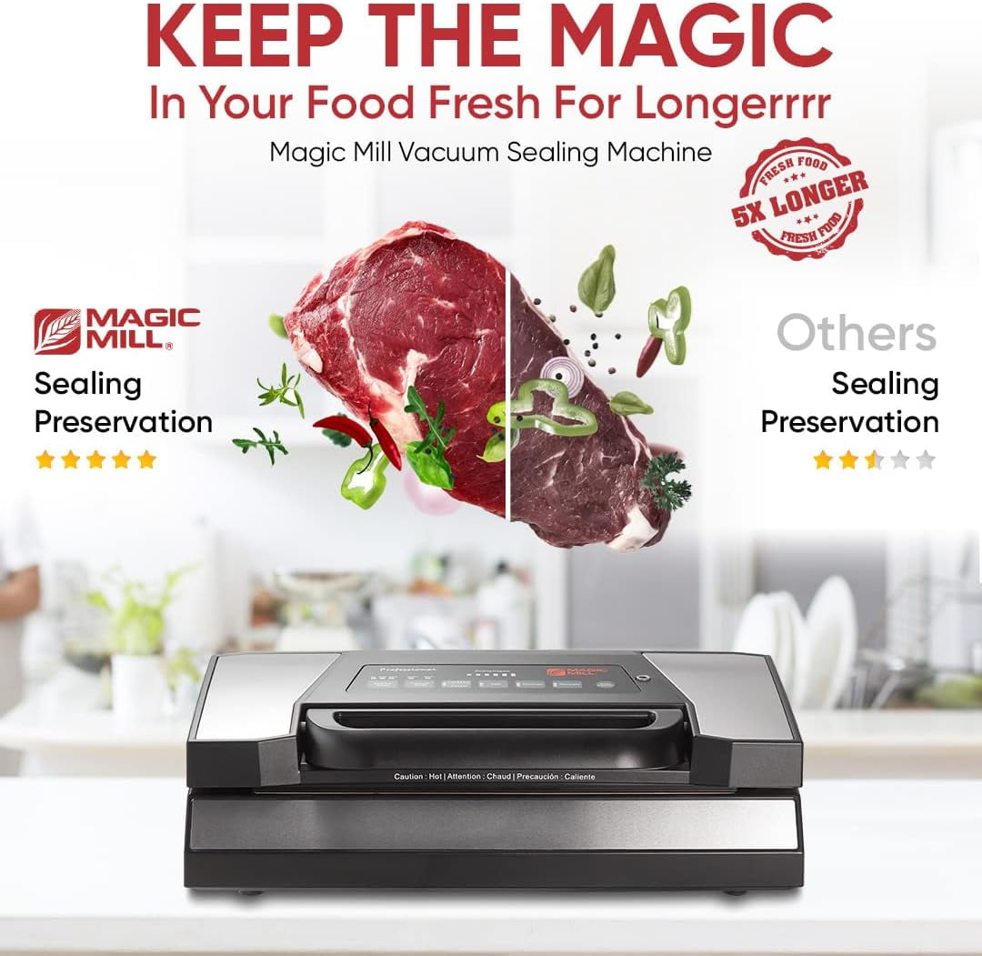 Magic Mill Professional Vacuum Sealer, Bag Sealer with Complete Starter Kit, Multi-Mode Food Preservation and Easy Lock Handle Vacuum Sealer Machine