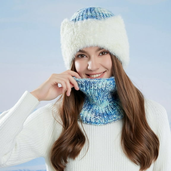 Sunvit-Panties Womens Blue Knit Winter Beanie & Neck Warmer Set - Warm Cold Weather Accessory with Plush Ear Flaps, Turtleneck, One Size Fits Most,Size Free Size