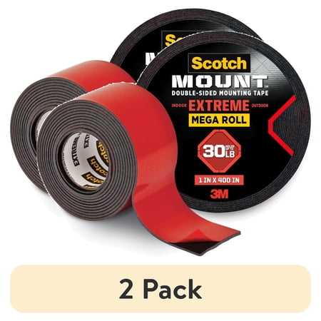 (2 pack) Scotch Mount, Extreme Double-Sided Tape, Black, Holds 30 lbs, 1 in x 33 feet, 1 Count