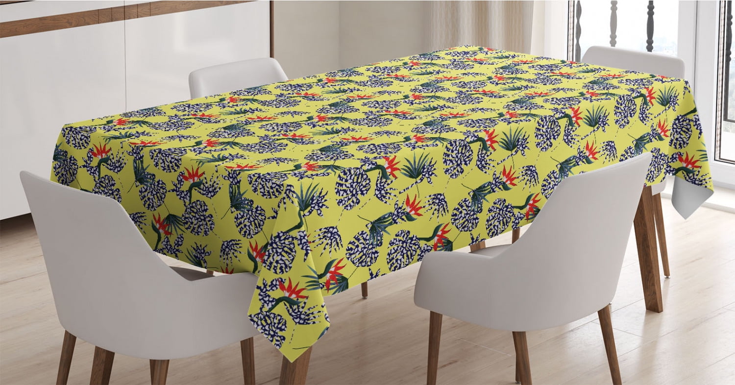 Ambesonne Monstera Tablecloth Yellow and Multicolor 52 X 70 Rectangle Satin Table Cover Accent for Dining Room and Kitchen Tropical Leaves Leopard Skin Print and Bird of Paradise Blooms Pattern
