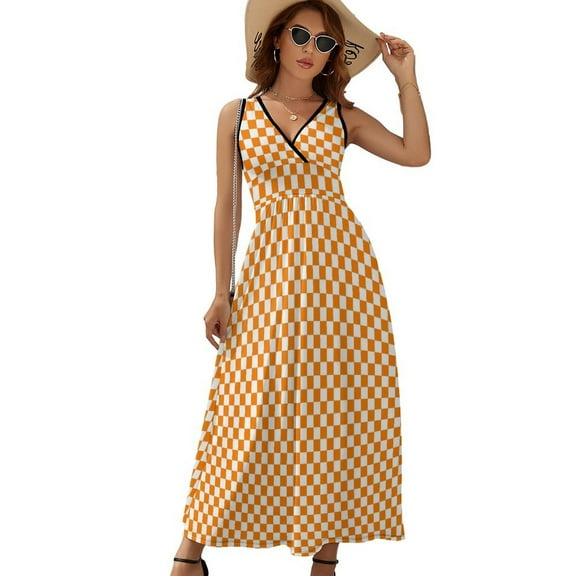 Orange And White Check Womens Night Club Maxi Dress V Neck Sleeveless Bohemia Long Dresses