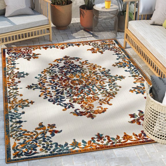 Well Woven Arid 3'11" x 5'3" Indoor/Outdoor High-Low Medallion Ivory Area Rug