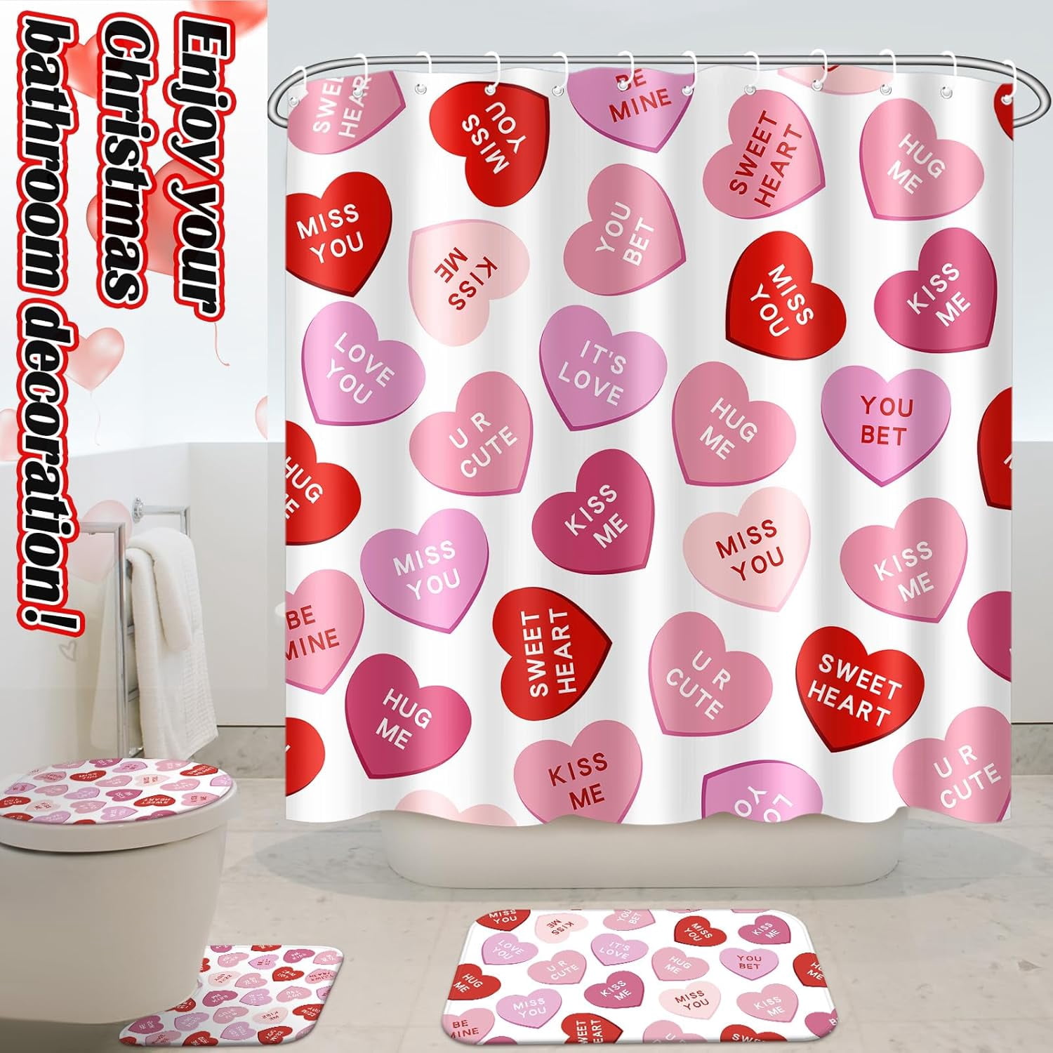 4 Pcs Valentines Shower Curtain Set, Non Slip Rugs Toilet Lid Cover U Shape Bath Mat and 12 Hooks Conversation Heart Pink Bathroom Supplies for Valentines Accessories Decor Set