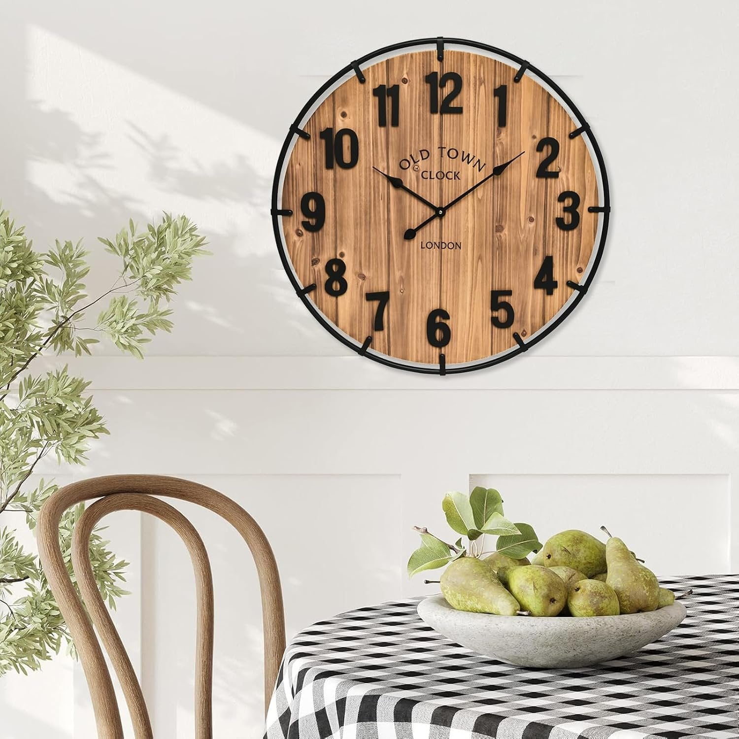 20 Inch Wall Clock Large Old Town Rustic Wooden Clock with Metal Rim and Large Numerals, Silent -Operated for Office, Kitchen, Bedroom, and Living Room