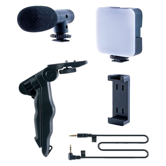 Vlog Starter Set with Tripod Adjustable Light, Microphone & Phone Clip for Live Streaming Video Conference