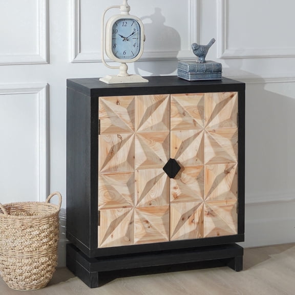 VELOVE Double-Door Storage Accent Cabinet, 3D Geometric Carved Modern, Manufactured Wood, Adjustable Shelves, Black Natural, 31.3in H