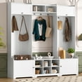thumbnail image 2 of FFZ 79.1" Hall Tree with Shoe Storage, 4 Cabinets, 7 Hooks and 3 Seating Benches, White, 2 of 14