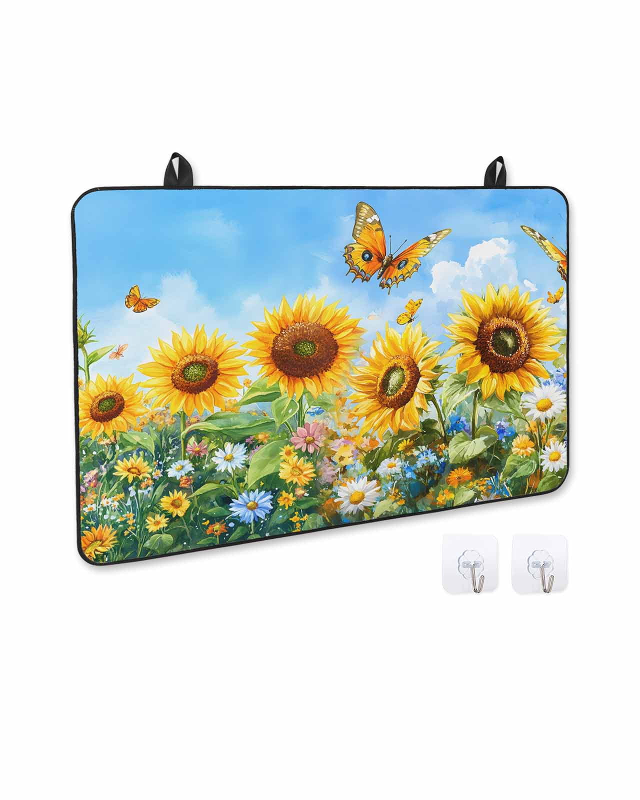 nqOlkjepod Large Induction Cooktop Protector Mat 24"x21", Yellow Sunflower Stove Top Covers for Electric Stove, Spring Floral Leaves Butterfly Pastoral Stove Burner Cover Mats, Glass Top Stove Cover