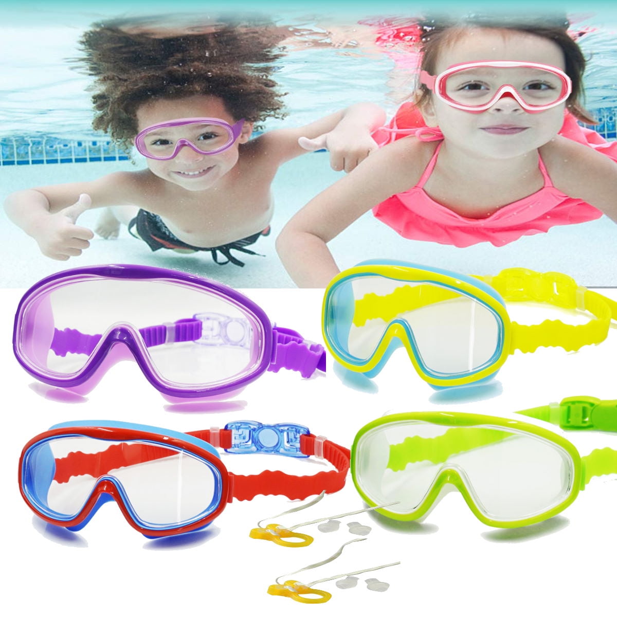 for child in 4 colors: yellow blue pink Swim mask red extra wide viewing 