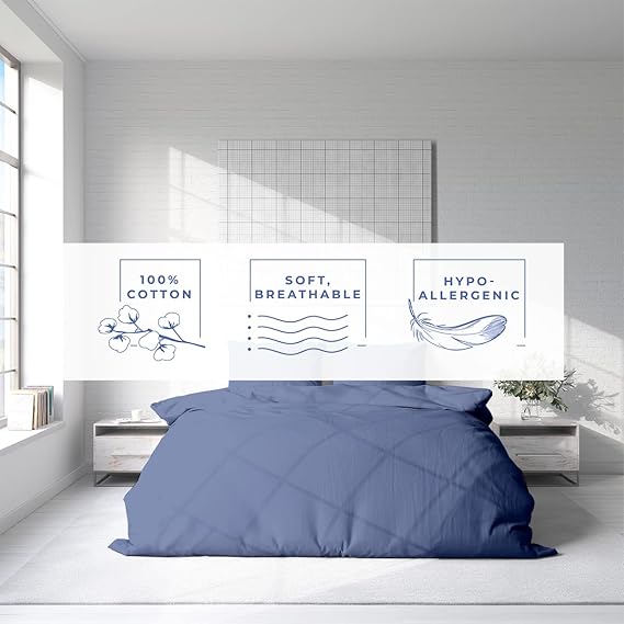 Homi Drapes 100% Egyptian Cotton 3 Piece Duvet Cover Set - Breathable All Season Comforter Cover with Zipper Closure & Corner Ties Sateen Weave (Blue Denim, King)