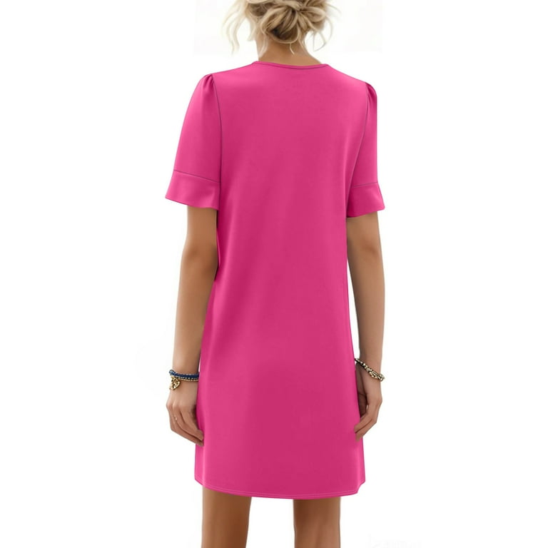 QIJIE Shift Dress for Women V Neck Short Sleeves Solid Color Casual Flowy  Summer Dresses(S-2XL) Hot Pink L