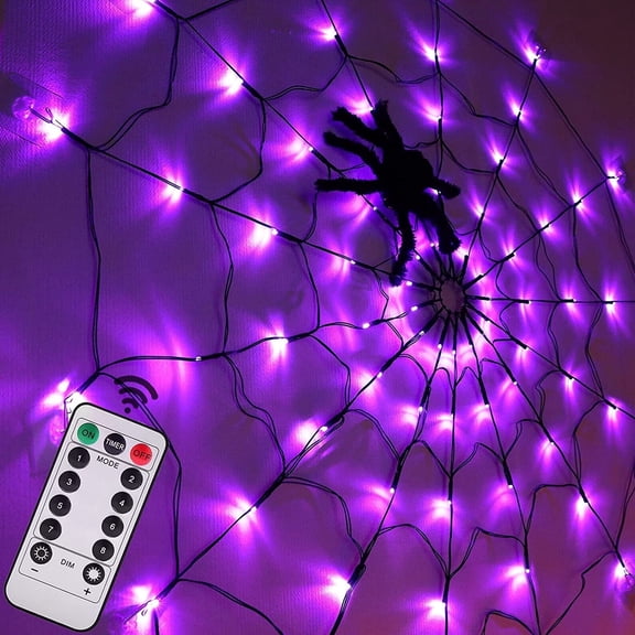 PMMIPNW Halloween Light Spider Web Lights 70 LED, Halloween String Lights Battery Operated with 8 Modes, Retro Haunted for Bedroom, Bar, Haunted House, Wall Halloween Decoration, Purple