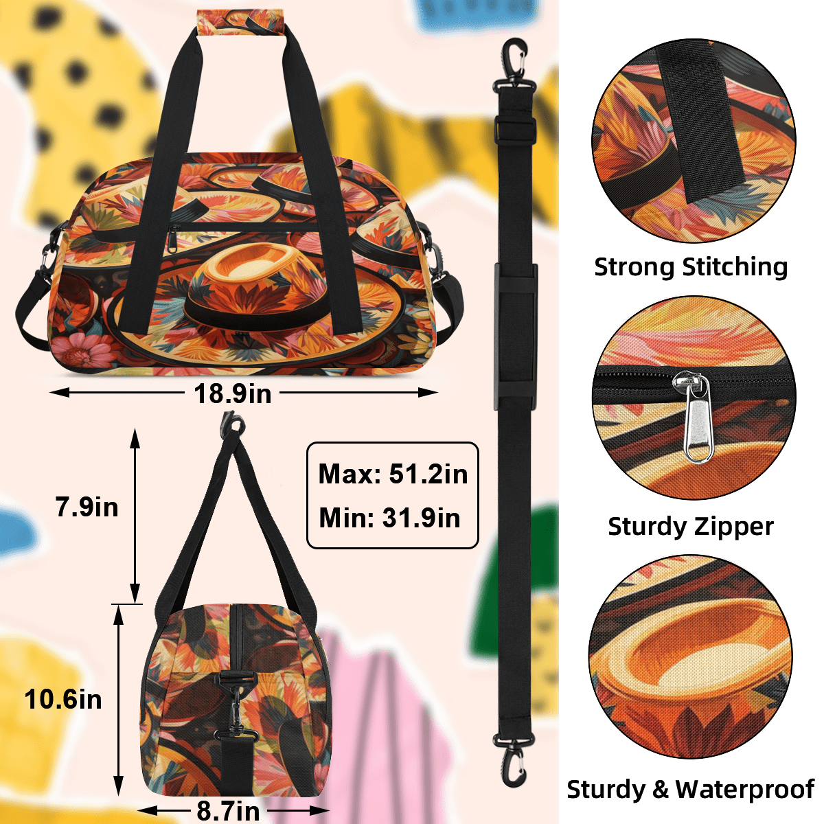 Herdesigns Mexico Cinco de Mayo Sports Duffle Bag for Women & Men, Mexican Holiday Hat Gym Bag Dance Bag Overnight Bag Carry On Weekender Travel Bag