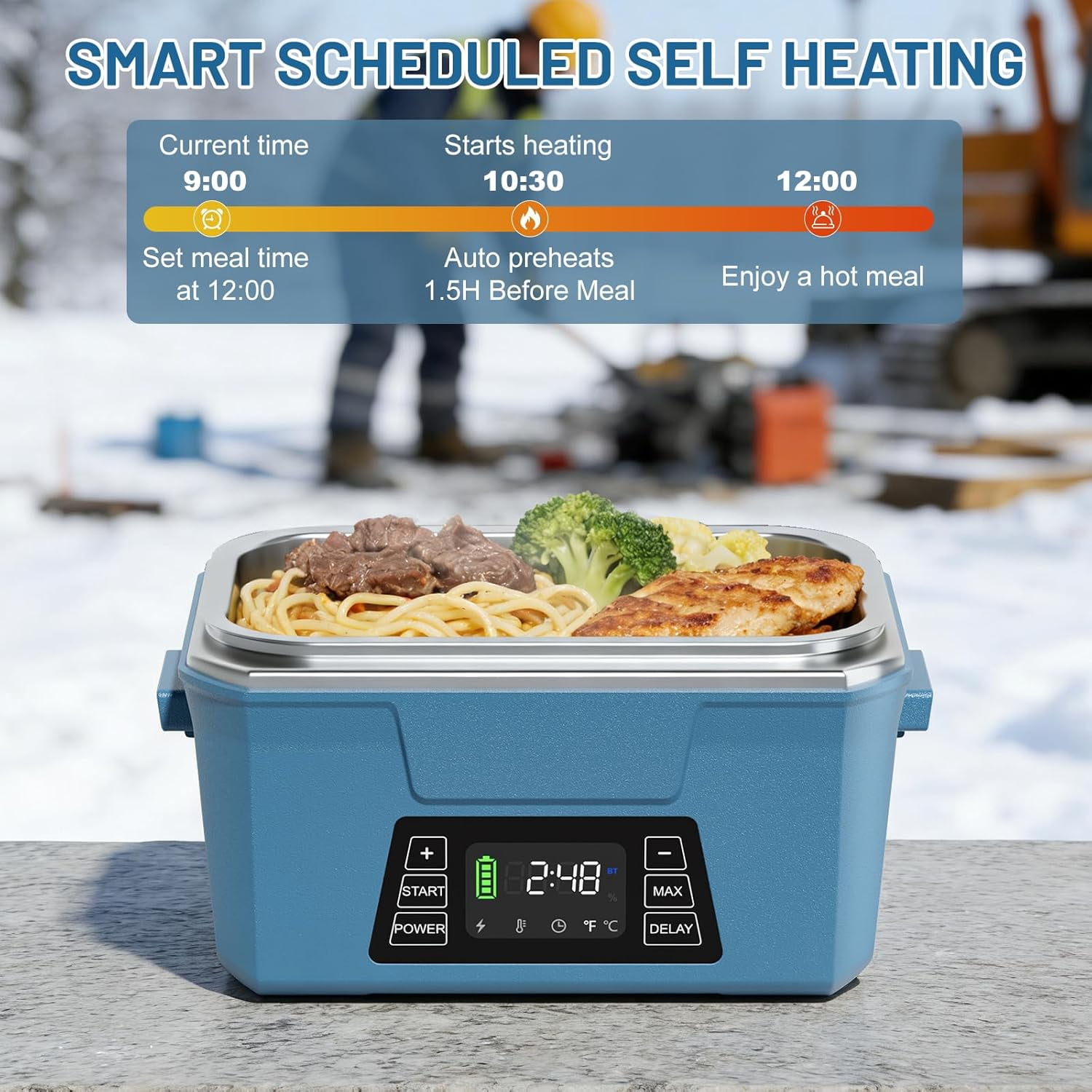 Herrfilk 80W Cordless Electric Lunch Box for Adults, APP Control Heated Lunch Box Food Warmer 9000mAh Rechargeable Self Heating Lunchbox,248℉ 5-sided Fast Heated for Work/Outdoor/Christmas White Elep