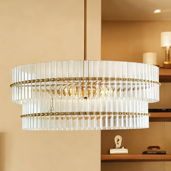 Crystal Fluted Glow Mordern Chandelier,Bronze Finished Iron Finials,Modern Light Fixtures for Dining Room,BedRoom,Living Room