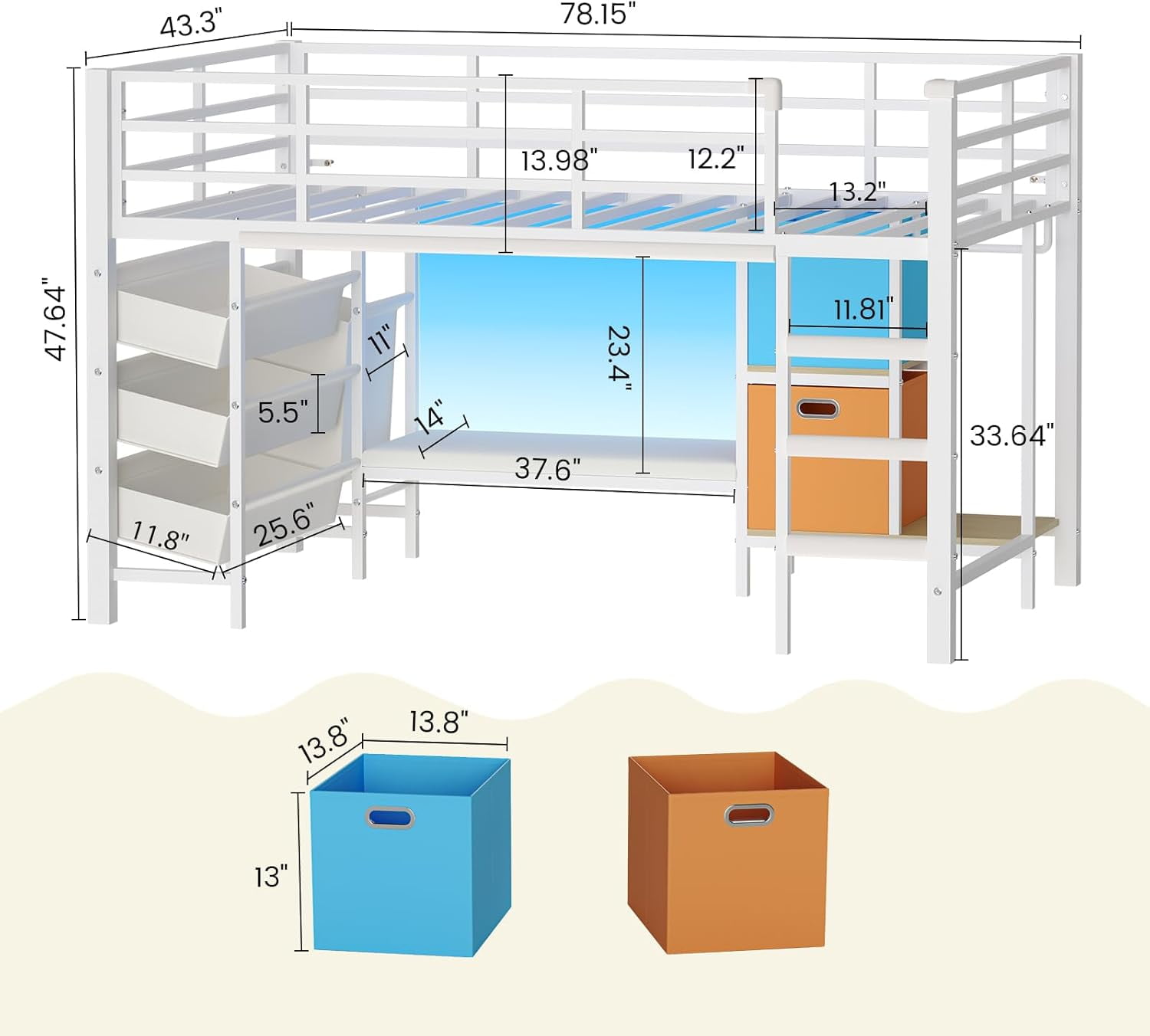 Mabor Twin Size Loft Bed with LED Lights & Reading Bench, Metal Loft Bed Frame with Bookshelf & Storage Basket & Stairs & Full-Length Guardrail for Bedroom, White