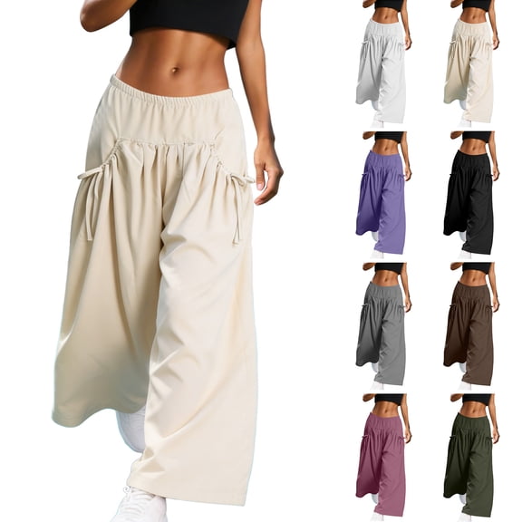 felwors Women's Loose Wide Leg Track Pants Drawstring Pockets Elastic Waist Capri Hiking Pants (Coffee, XL)
