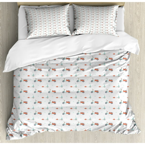 Motorcycle Duvet Cover Set Queen Size, Pastel Colored Mopeds and Scooters with Dots Going to Opposite Directions, Decorative 3 Piece Bedding Set with 2 Pillow Shams, Salmon Seafoam, by Ambesonne