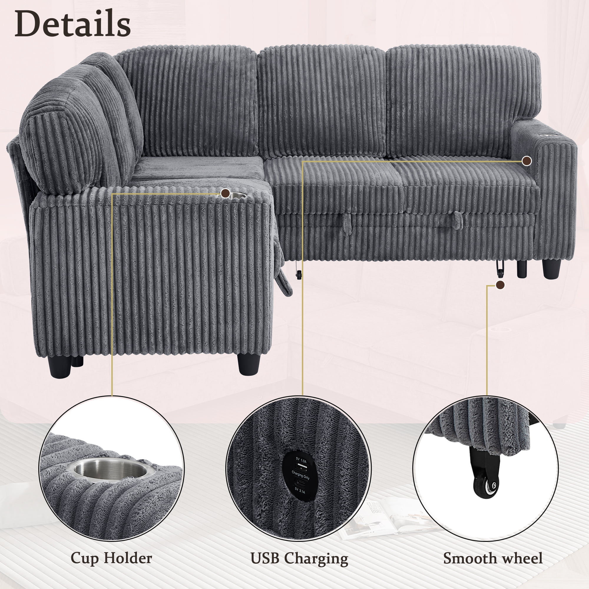 Gewnee L-Shaped Sectional Sofa,Modern Corduroy Modular Sofa with Storage Function,USB‑C Charging Ports & Cup Holders,Pull Out Couch for Living Room,Grey