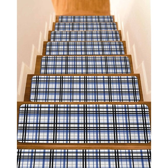 Stair Treads for Wooden Steps, Blue Black Plaid Peel and Stick Stair Treads with Reusable Adhesive, Farmhouse Blue Black Checkered Non Slip Indoor Stairs Runner Rugs Mats for Elders Dogs 8"x30" 4PCS