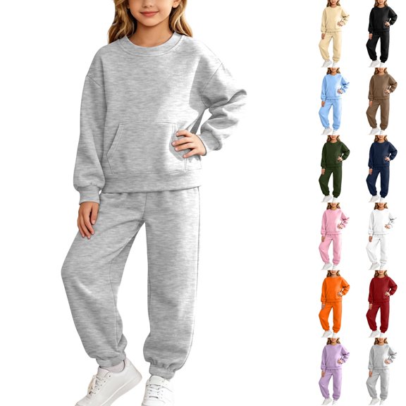 Husipze Girls 2 Piece Tracksuit Set Solid Pullover Sweatshirt with Kangaroo Pocket and Elastic Waist Relaxed Fit Jogger Pants Matching Sweat Set Gray 4 Years