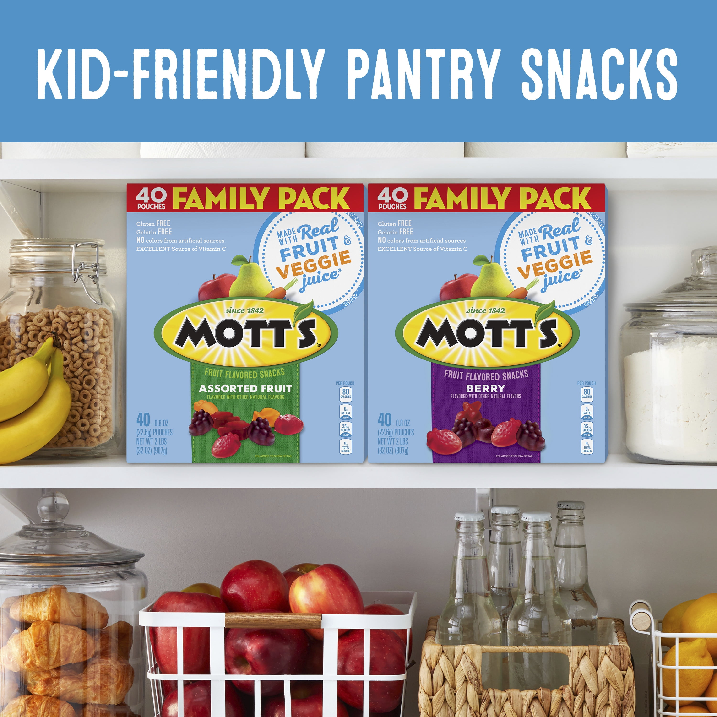 Mott’s Berry & Assorted Fruit Flavored Snacks, Family Pack, 64 oz (80 Pouches)