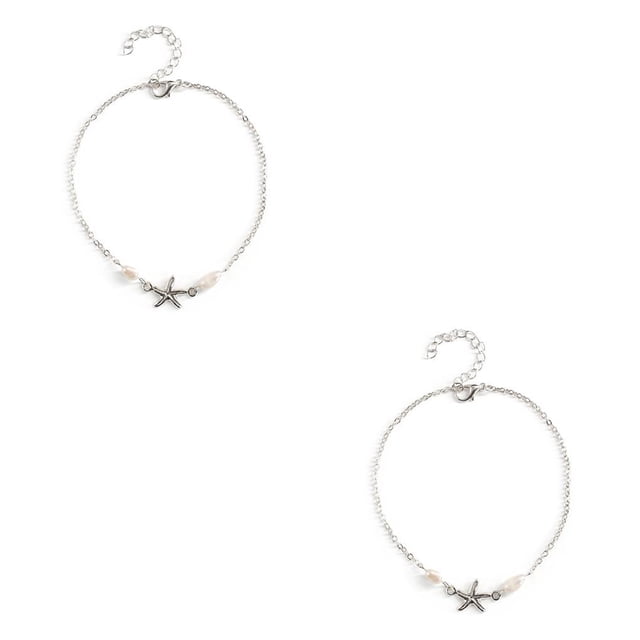 maskred Chevilles Réglables Perle Étoile de Mer Style Simple Pied Décoration Mode Plage Accessoires Bracelets pour les Filles Femmes Argent 2Set