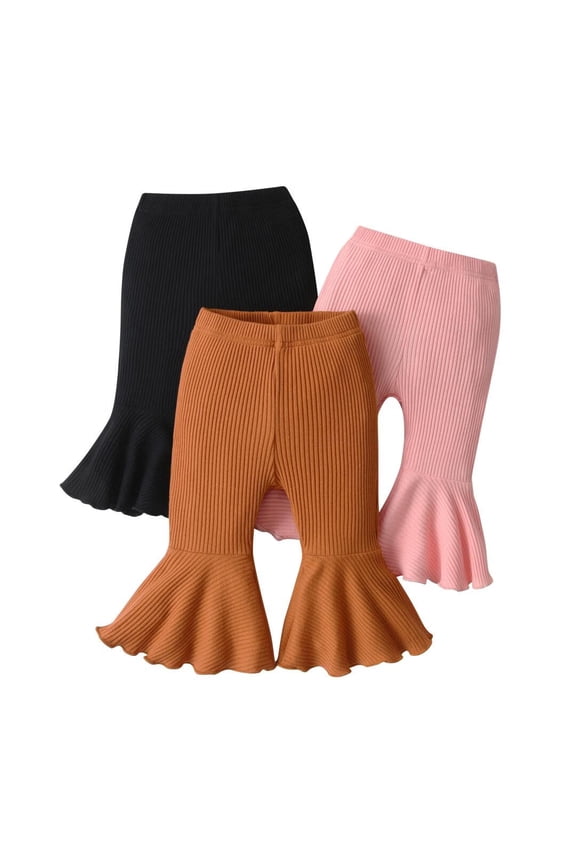 Infant Baby Girl 3 Pack Solid Flare Pants and Ribbed Casual Leggings Black & Brown & Pink 3-6 Months