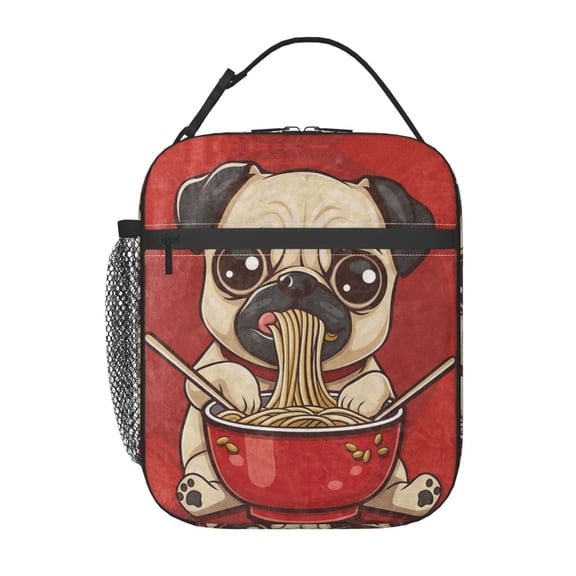 Cute Pug Eating Noodle Lunch Bag Portable Thermal Lunch Box for Men and Women