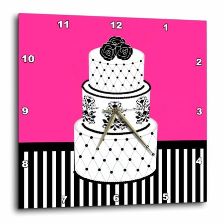 3drose, Black and White Damask Cake on Hot Pink, 10x10 Wall Clock