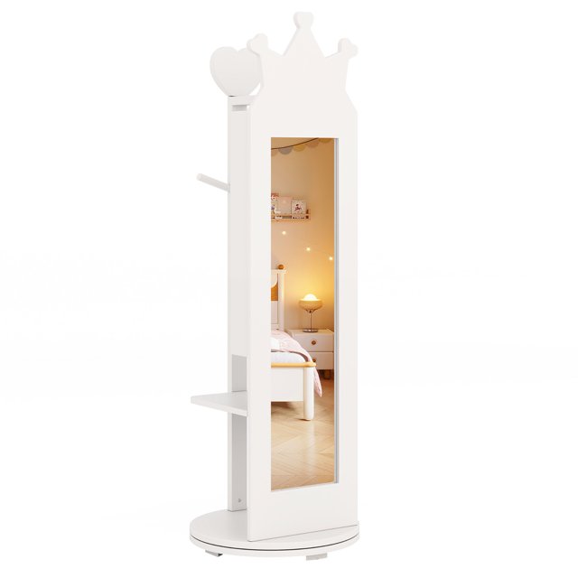 Gymax Kids Jewelry Cabinet Standing Children Jewelry Organizer w/ Full-Length Mirror White