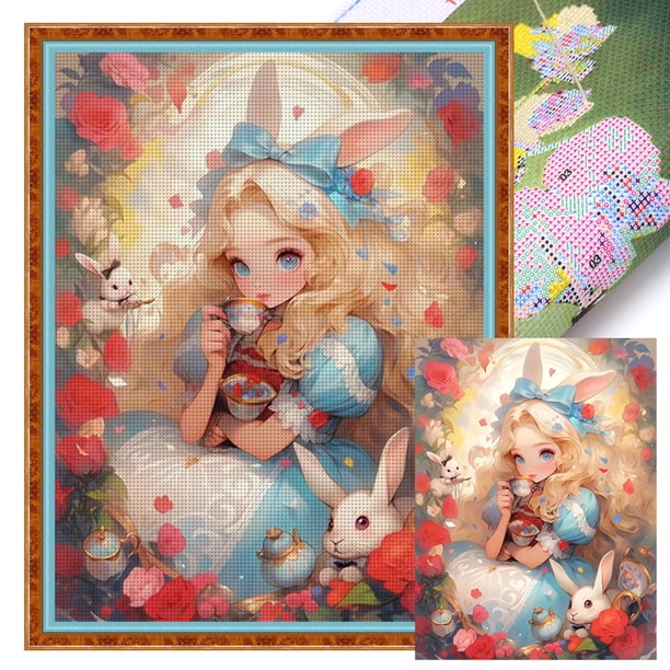 Kit Punto Cruz Niña Conejito Dulce Hilo Algodón Ecológico Bordado 11CT 50x65cm