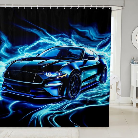 Blue Sports Car Shower Curtain Electric Lightning Muscle Car Bath Curtain Waterproof Fabric Bathroom Decor 71x71 inches