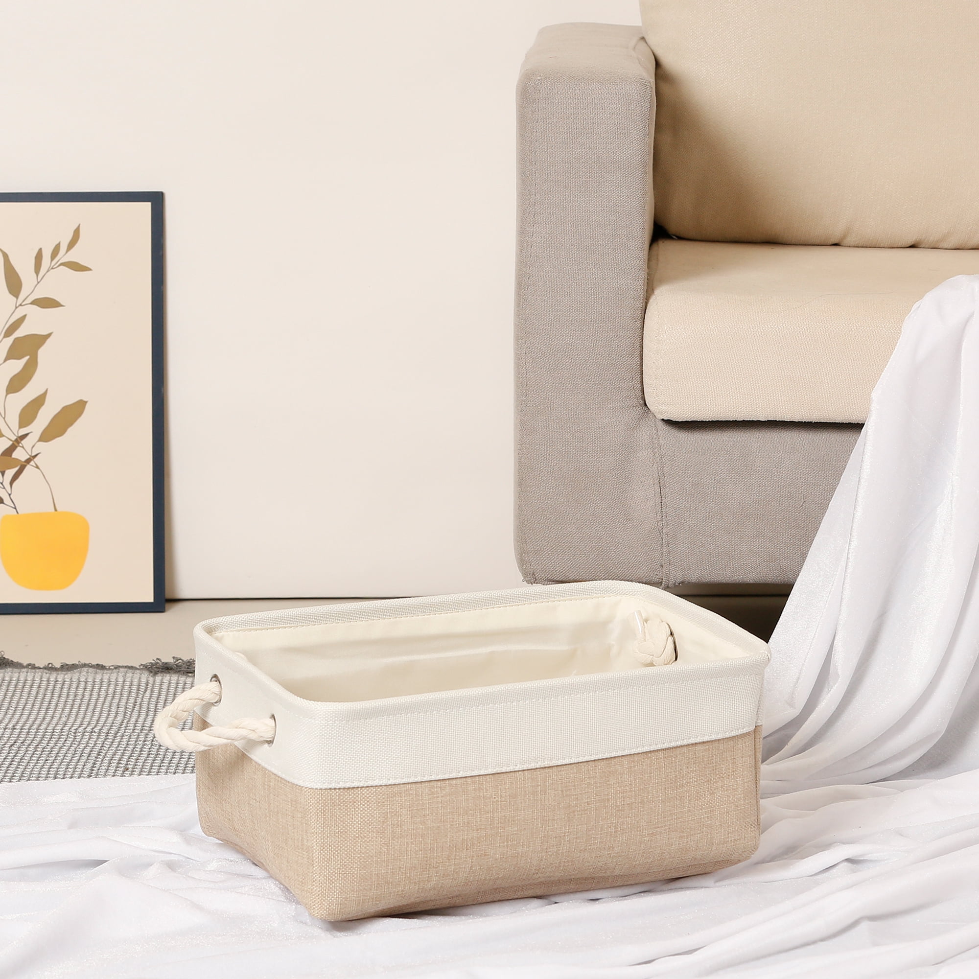 Unique Bargains Storage Bin with Handle Fabric Cube Khaki/White 14*10*6.5in