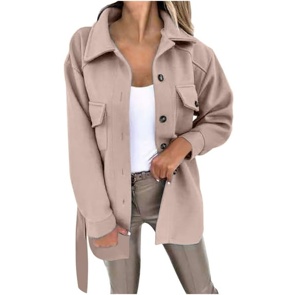 IROINNID Women's Blouson Jacket Long Sleeve Solid Color Turndown Lapel Outwear, Casual Woolen Button Cardigan with Lapel and Pocket Jacket