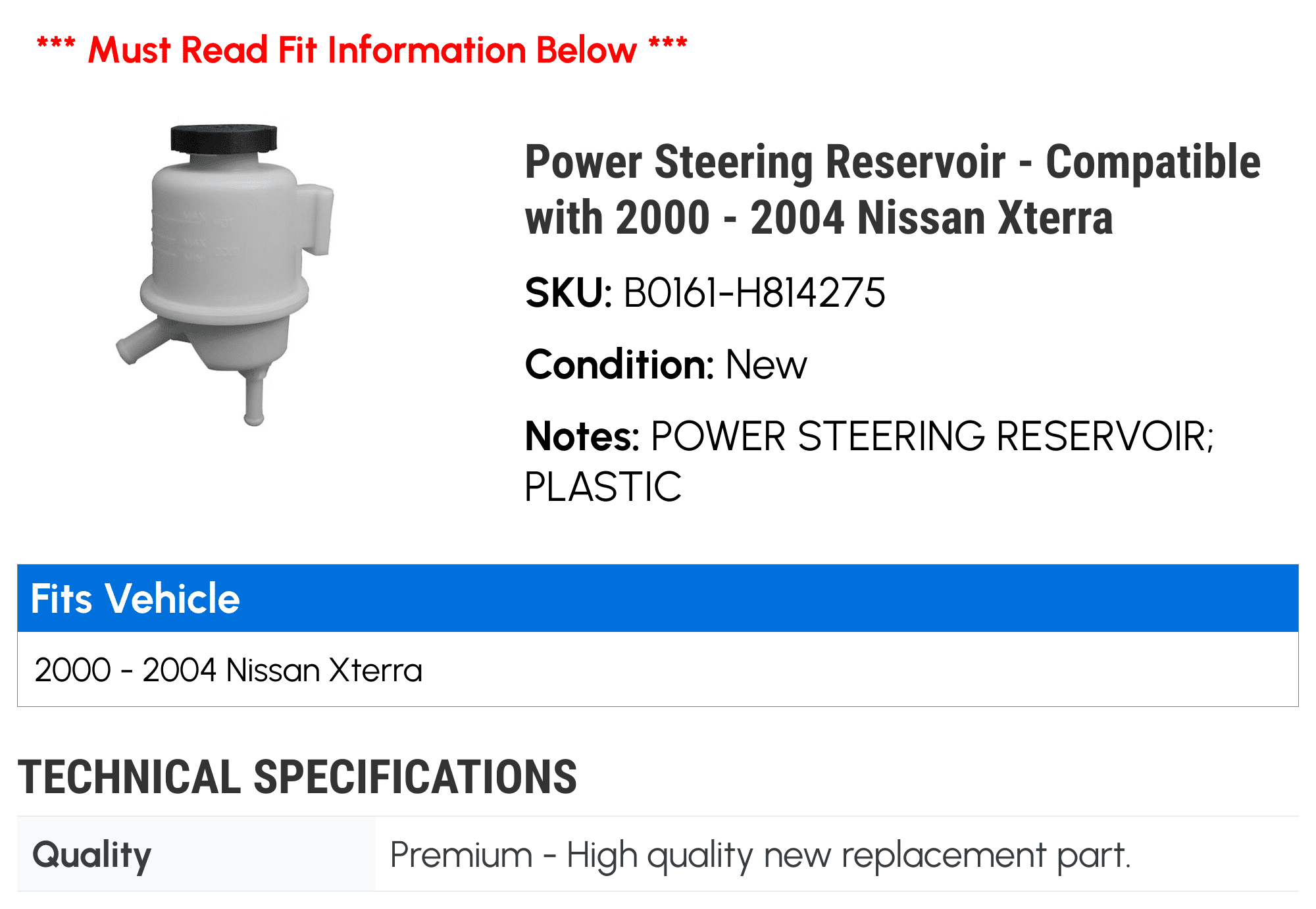Power Steering Reservoir - Compatible with 2000 - 2004 Nissan Xterra 2001 2002 2003