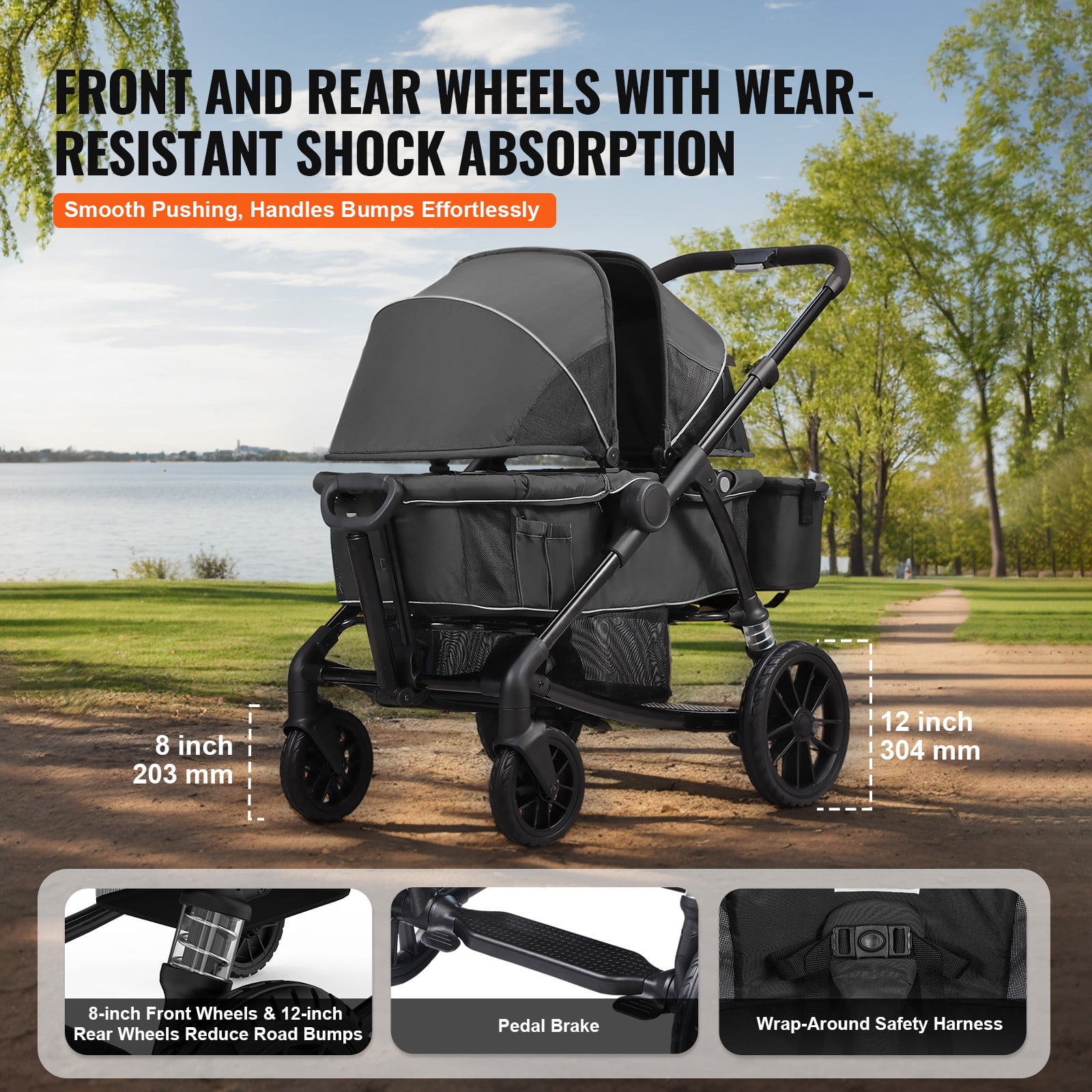 KFFKFF Multi-Terrain Wagon Stroller, Dual-Seating, Easily Foldable for Travel, Comes with Shade Cover, Storage for Parents, Food Tray & Beverage Holders, Supports up to 55lbs per Seat
