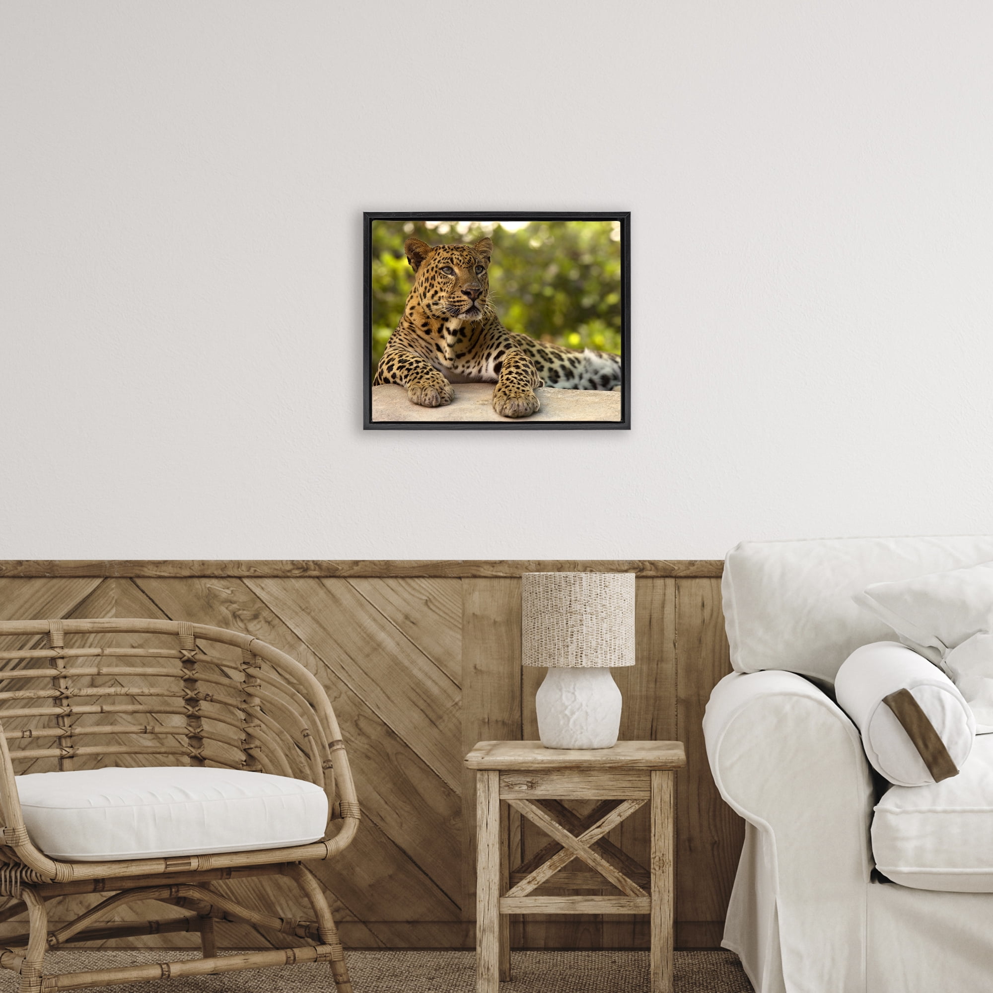 Leopard Gazing Relaxation Black Framed Floater Canvas Wall Art, design by MJ Photography