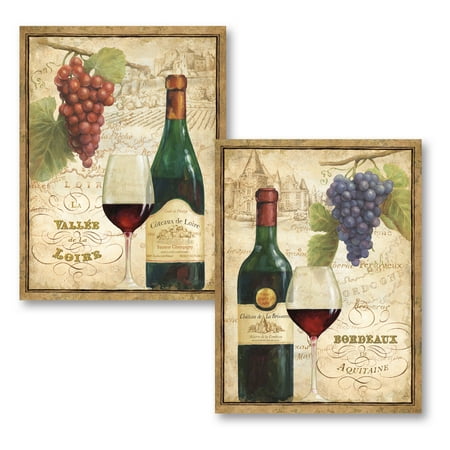 Wine Bottle Art Gango Home Decor Vintage-Style Wine Bottle, Glass, Grapes and Vineyard Kitchen Wall Art by Daphne Brissonnet; Two Beige 11x14in Unframed Paper Prints (Paper Only, No Frame) ()
