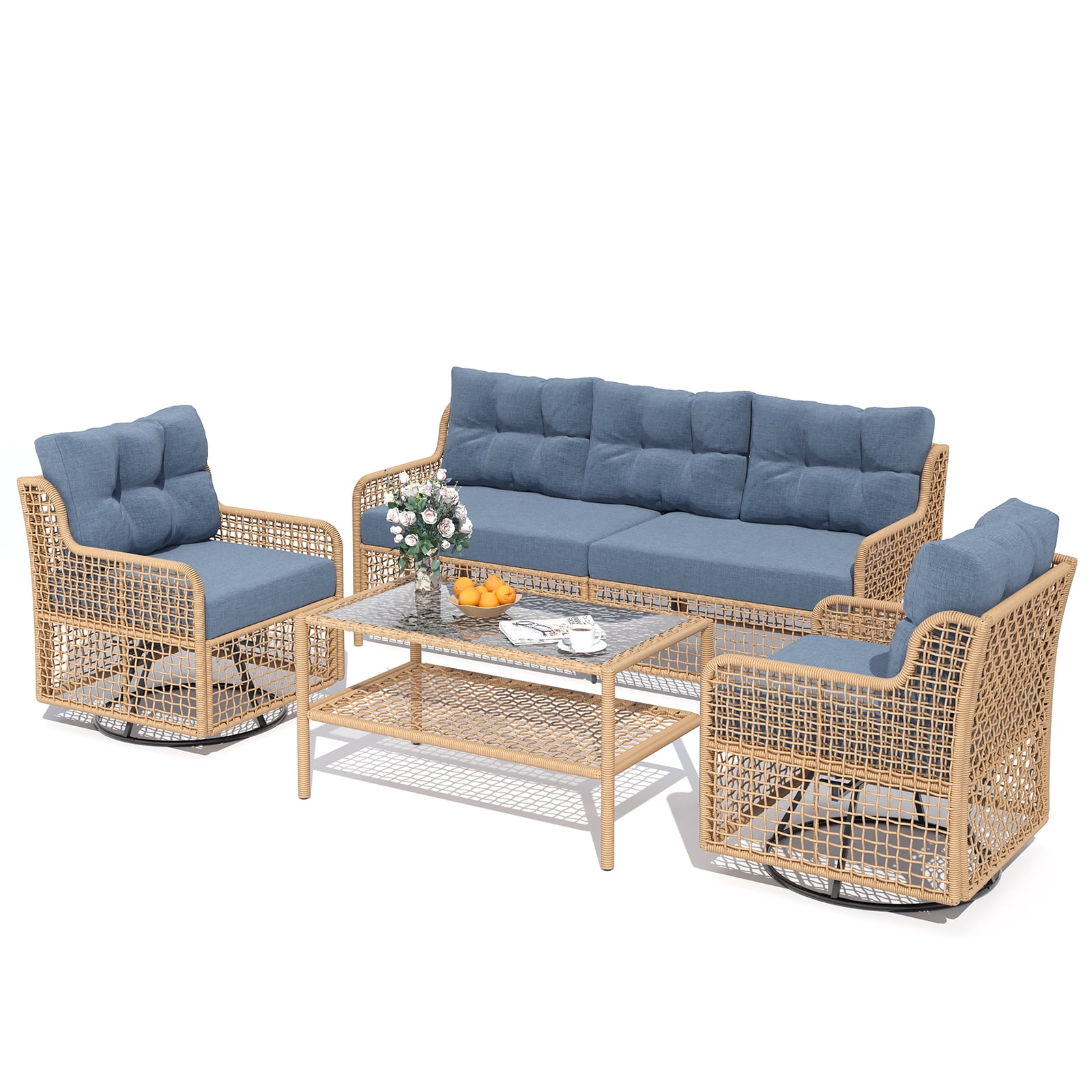 ELPOSUN 5-Seat Outdoor Patio Furniture Set, Wicker Rattan Outdoor Furniture Set with Swivel Chairs & All-Weather Thickened Cushions for Garden, Porch, Backyard, and Poolside, Denim Blue