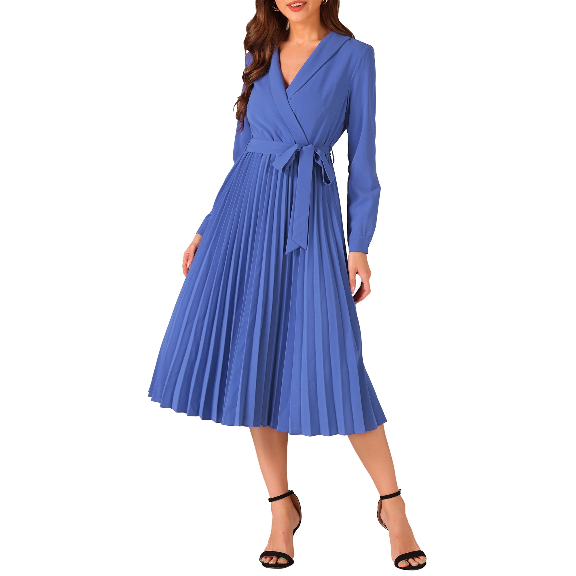 Unique Bargains Wear to Work Dress for Women s Shawl Collar Belt Pleated Midi Dresses Royal Blue XS