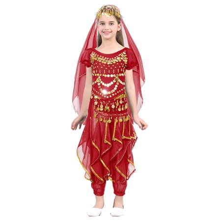 iiniim Girls Carnival Chiffon 4-Pieces Indian Dancewear Sequins Belly Dance Dress Red L