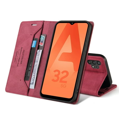 Cell Phone Wallet Case For Samsung Galaxy A32 5G,RFID Blocking Card Cash Pocket Kickstand Flip PU Leather Shockproof Protective Phone Cover For Samsung Galaxy A32 5G,Red