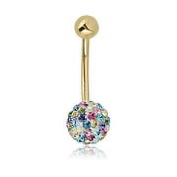 AVORA 10K Yellow Gold Multi-color  Crystal Ball Belly Button Ring Body Jewelry (14 Gauge)