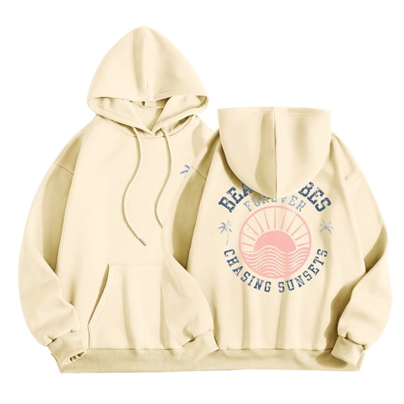 Puliio Women's Hoodie Coastal Cowgirl Sunset Wave Graphic Print Oversized Soft Long Sleeve Vacation Sweatshirt With Front Pocket