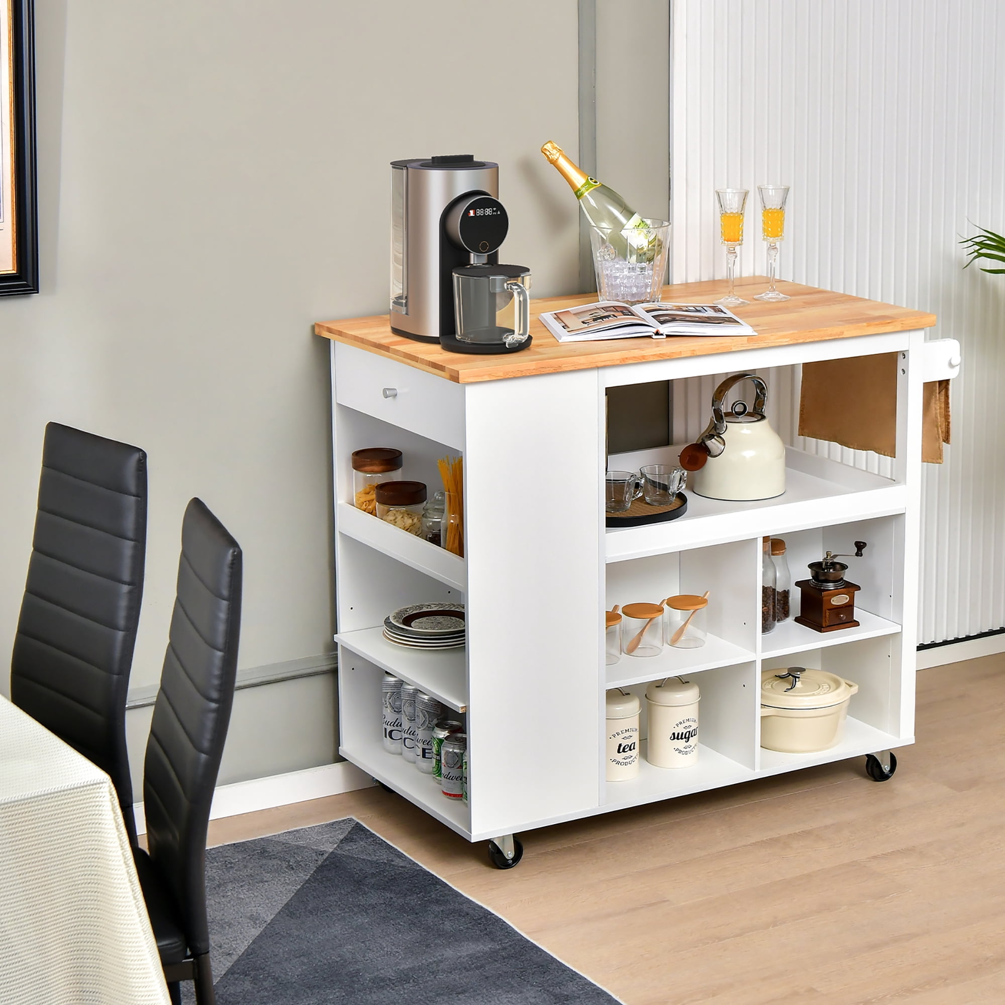 Costway Kitchen Island Trolley Cart on Wheels with Storage Open Shelves & Drawer White