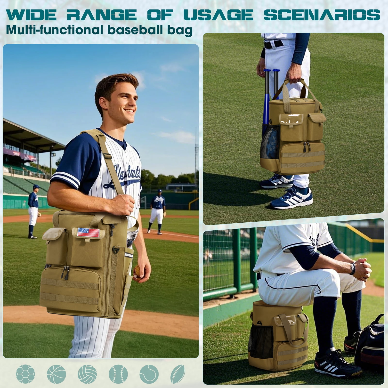 RAINSMORE Baseball Bucket Backpack Baseball Accessories Organizer Bag with Insulation Pocket Softball Baseball Bag with Anti-Slip Bottom,Brown