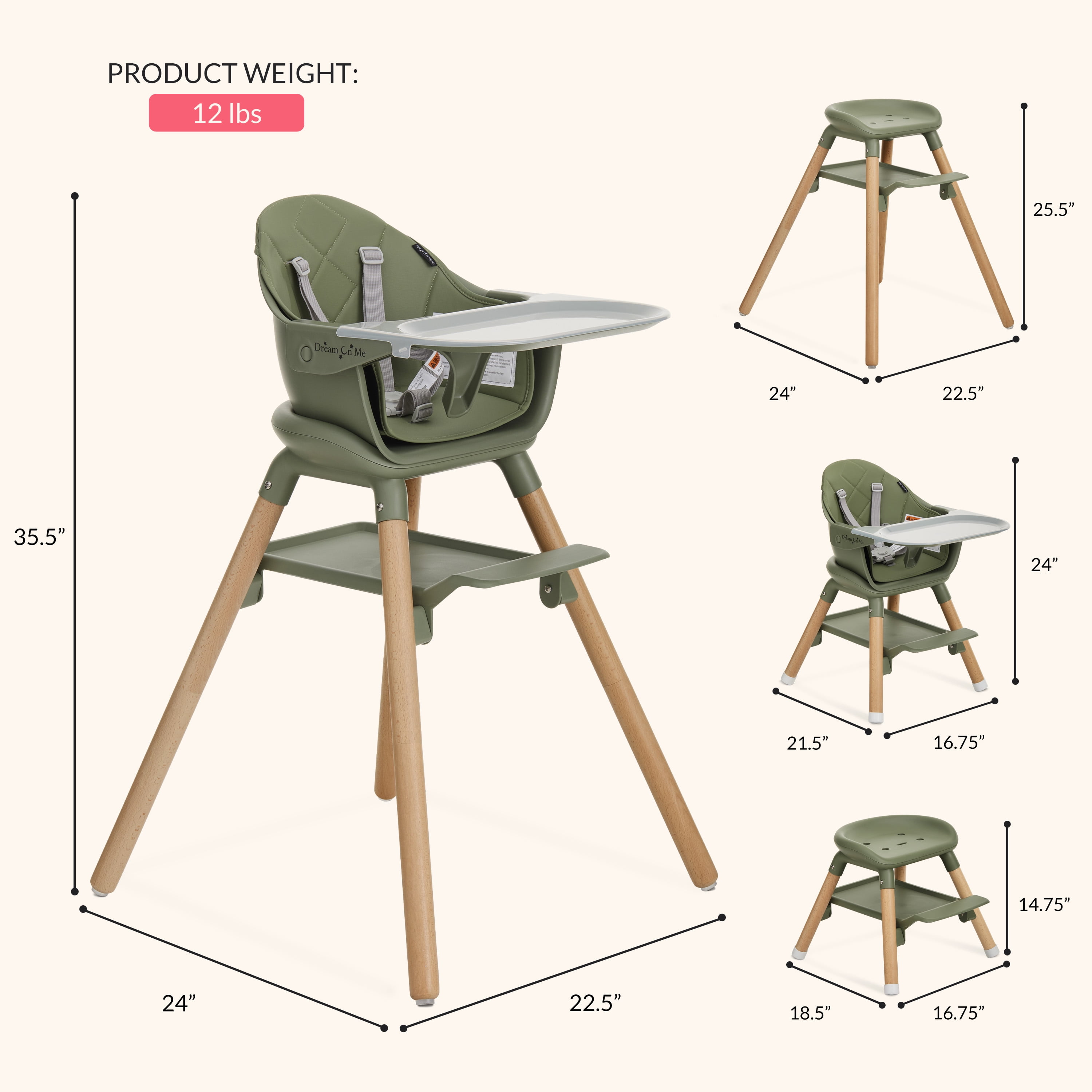 Dream On Me Nibble Nest 3-in-1 Highchair, Green
