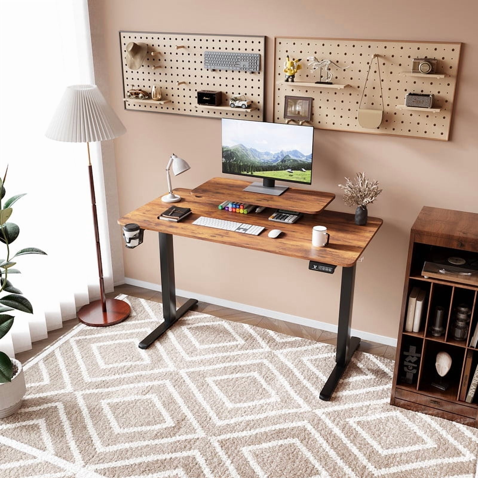 Homall 47" Wide Electric Height Adjustable Standing Desk with Monitor Stand Lifting Range 28~46" Stand Up Office Desk for Home Office,Brown